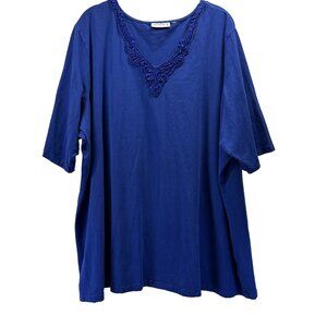 Susan Graver Women's Top Size Plus 3X Royal Blue Beaded V Neck Short Sleeves